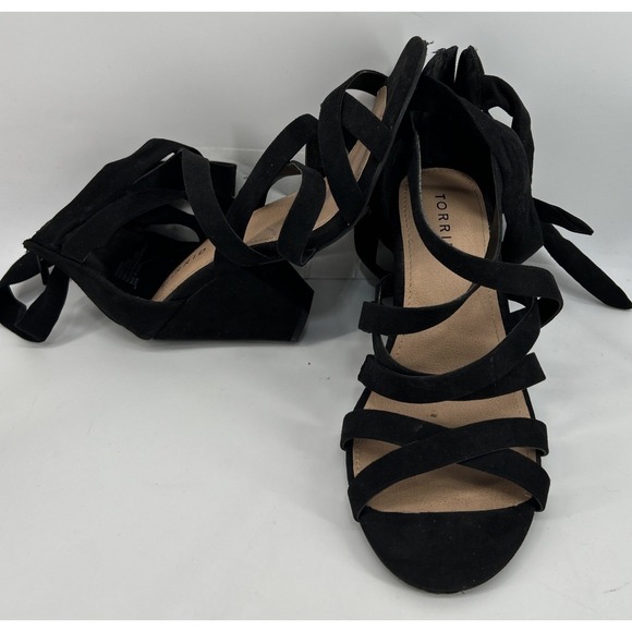 torrid Shoes - Torrid Ankle Wrap Cone Heel Sandal Black Faux Suede Women's Size 8WW